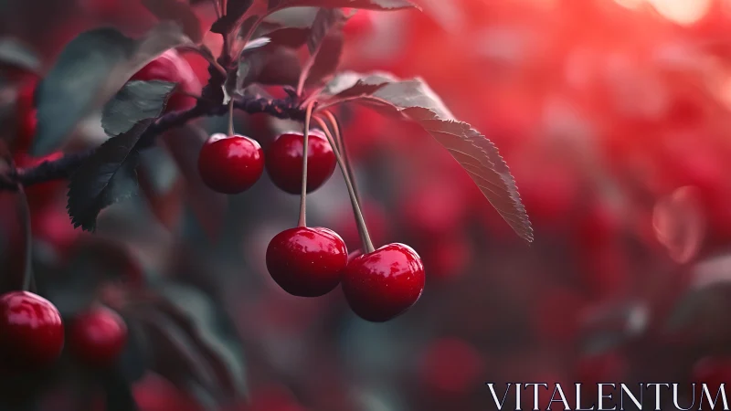 Ripe red cherries on branch with soft sunlit background.