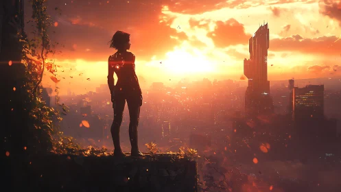 Cyborg silhouette overlooks blazing cyberpunk megacity at dusk