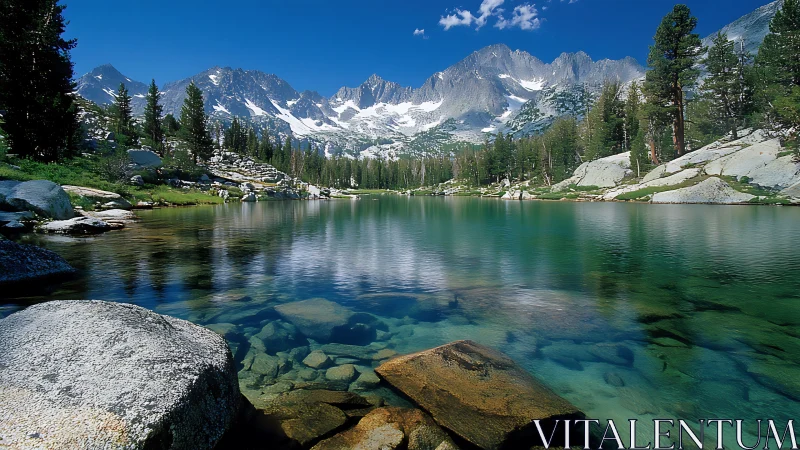 Alpine glacial lake with clear water reflecting snow capped peaks