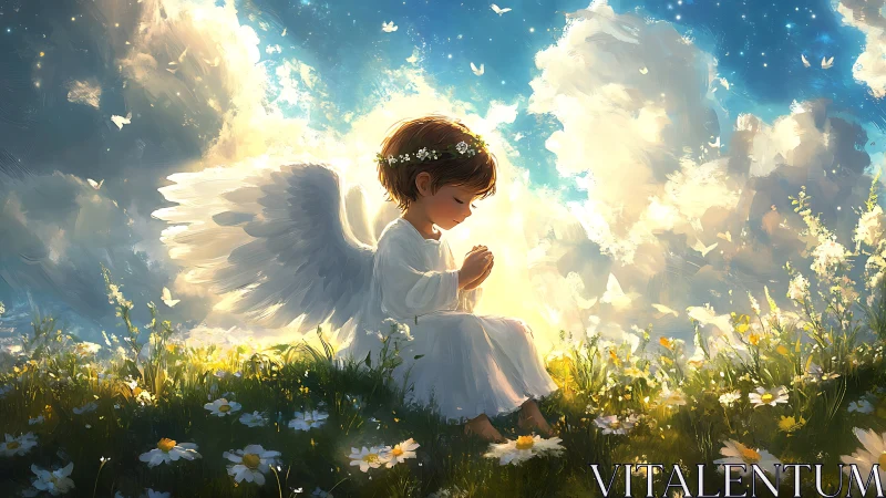 Sunlit child angel in wildflower meadow of whispered prayers.