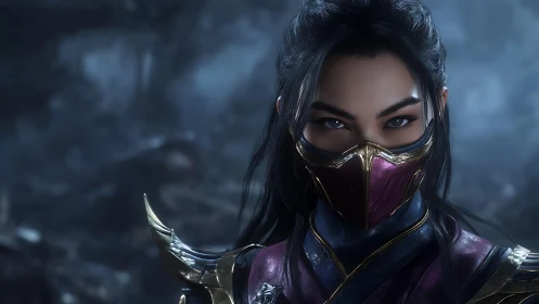 Masked female warrior with armor in misty battle scene.