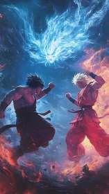 Raging fire and calm lightning collide in a skyward duel