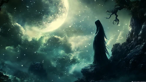Mystic robed figure gazes toward a luminous celestial moon.