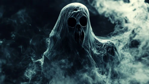 Spectral wraith silhouette in dense teal vapor field.