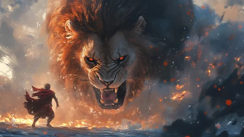 Colossal fiery lion confronts caped warrior amid erupting embers