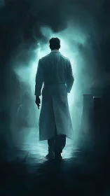 Backlit medical figure in atmospheric teal corridor composition.