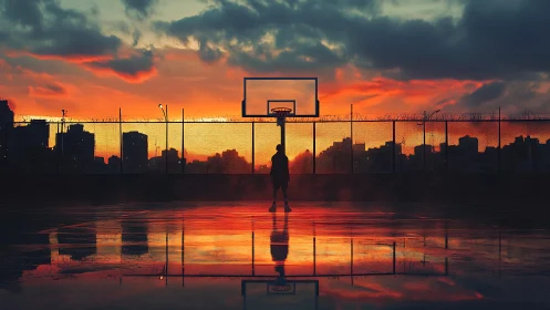 Silhouette on wet urban basketball court at red sunset sky.