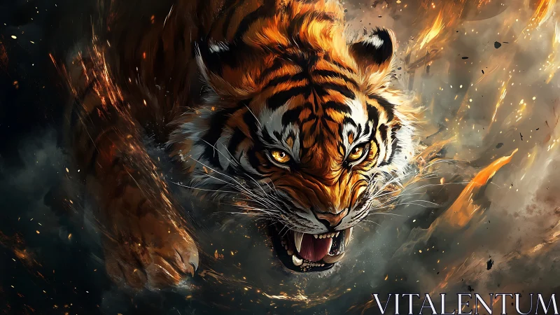 Tiger head and forelimbs emerge through abstract fiery debris