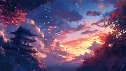 Twilight pagoda dreaming above a city of quiet lanterns.