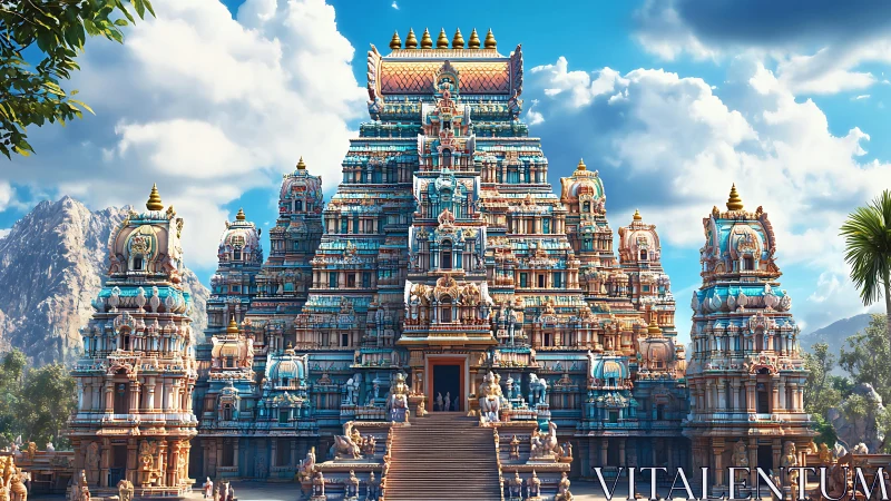 Ornate Dravidian temple rises under bright tropical sky.