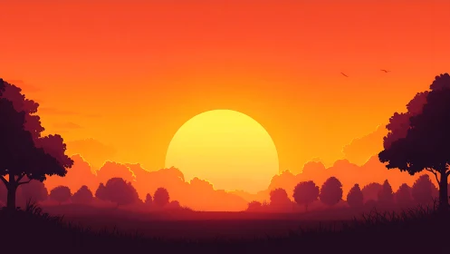 Radiant countryside sunset with silhouetted forest horizon.