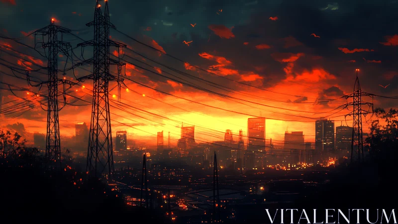 Electric twilight braids a burning sky above restless towers