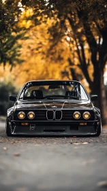 Front view shows modified classic sedan on tree-lined road