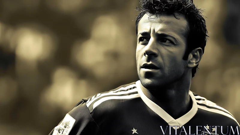 Dramatic close-up of focused football player in sepia toning.