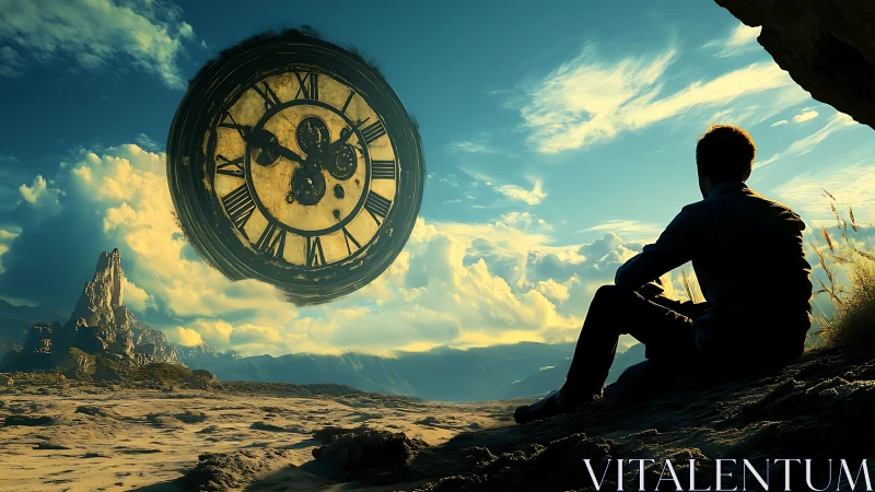 Man gazes at surreal floating clock in vast desert sky.