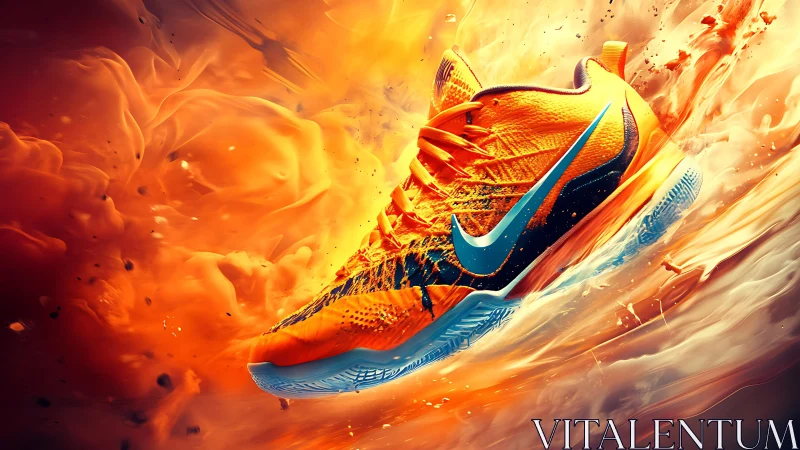 Orange athletic shoe in dynamic abstract motion scene.