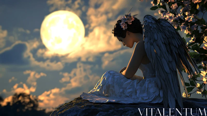 Moonlit angel in quiet sorrow on a blossom-framed cliff edge.