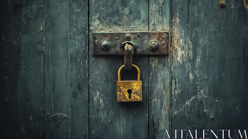 Weathered wooden door with old brass padlock in center.