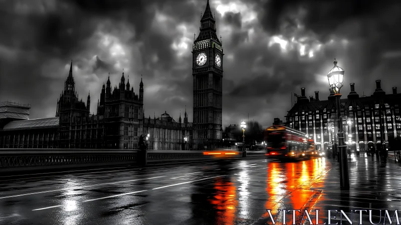 Stormy London night paints Big Ben in monochrome drama