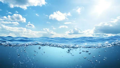 Sunlit waves and drifting bubbles under a bright blue sky.