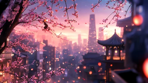 Cherry blossoms frame a lantern-lit cityscape at dusk
