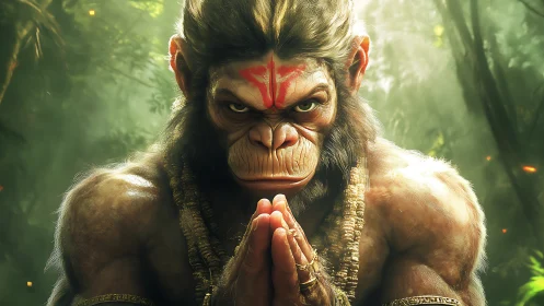 Jungle warrior deity in prayerful focus and emerald light.