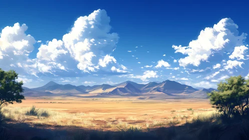 Semi-arid plain with distant mountain range under cumulus clouds.