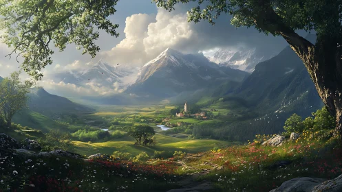 Sunlit alpine valley with distant village and snow peaks.