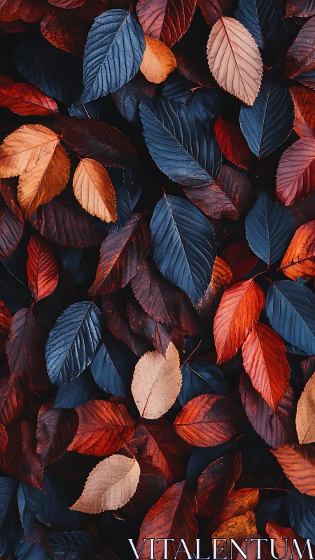 Autumn foliage study contrasts rust-red and deep indigo leaves