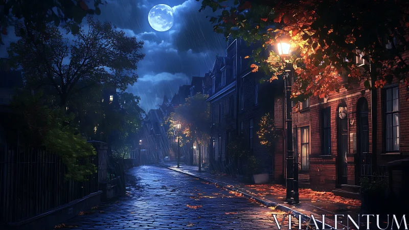 Moonlit rain drapes a quiet cobblestone street in calm magic