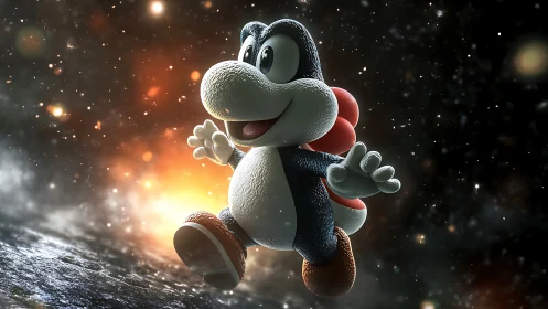 Cartoon reptile character runs joyfully through glowing space