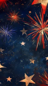 Firework bursts and metallic stars overlay dark night sky
