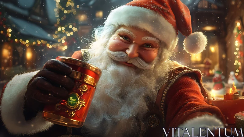 Festive Santa portrait holding ornate holiday mug at night.
