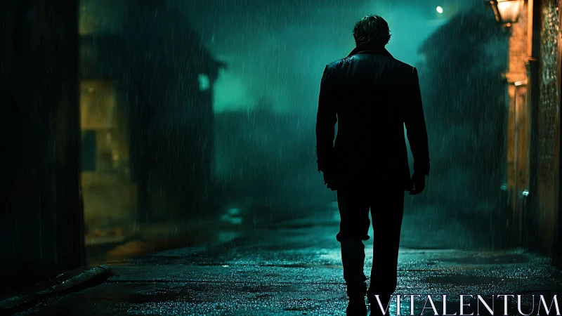 Solitary figure in rain on dimly lit urban street at night.