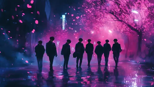 Midnight friends walking beneath neon-pink blossom skies.