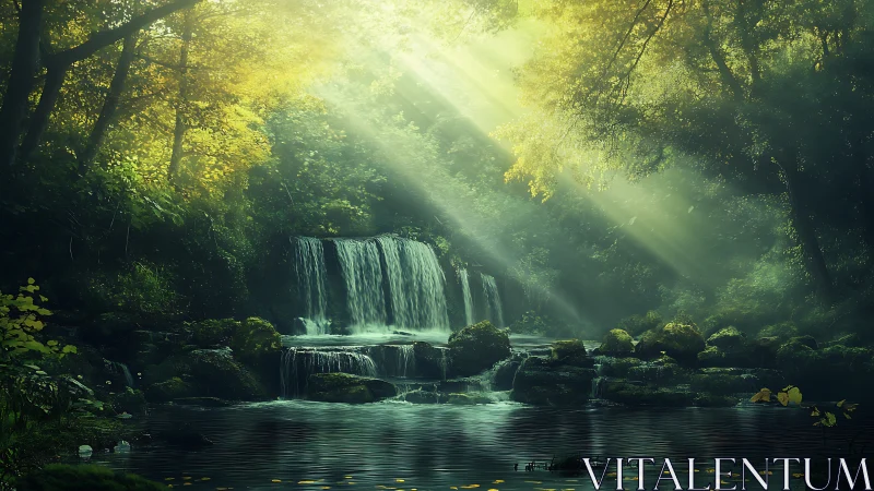 Luminous Cascading Waterfall: Volumetric Light Through Dense Verdant Canopy