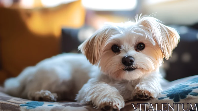 Shallow‑focus portrait of small white companion dog indoors.
