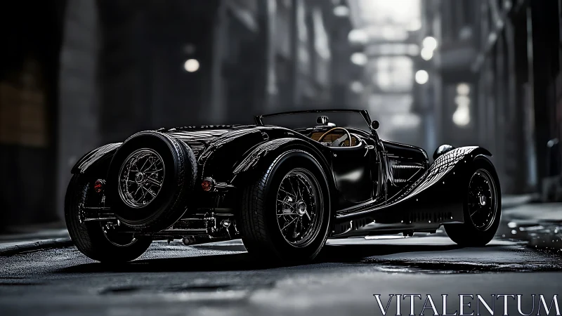Nocturnal street portrait of streamlined prewar roadster chassis.