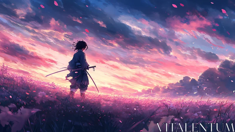 Samurai dreamer standing in a glowing sunset flower field.