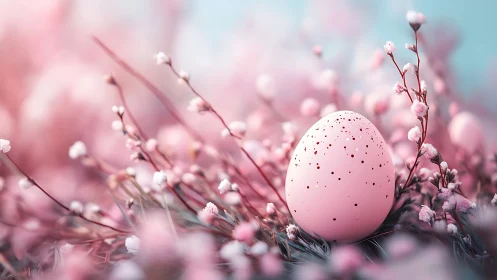 Pastel pink Easter egg rests amid blooming spring florals.