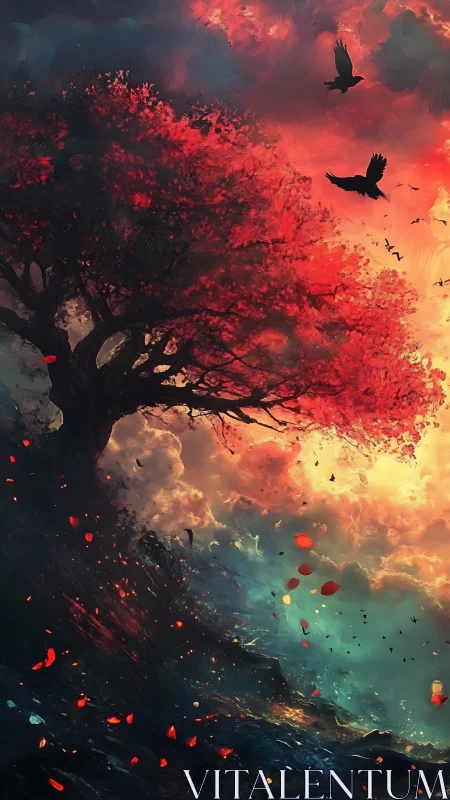 Blazing red tree crowns a cliff beneath storm-lit skies