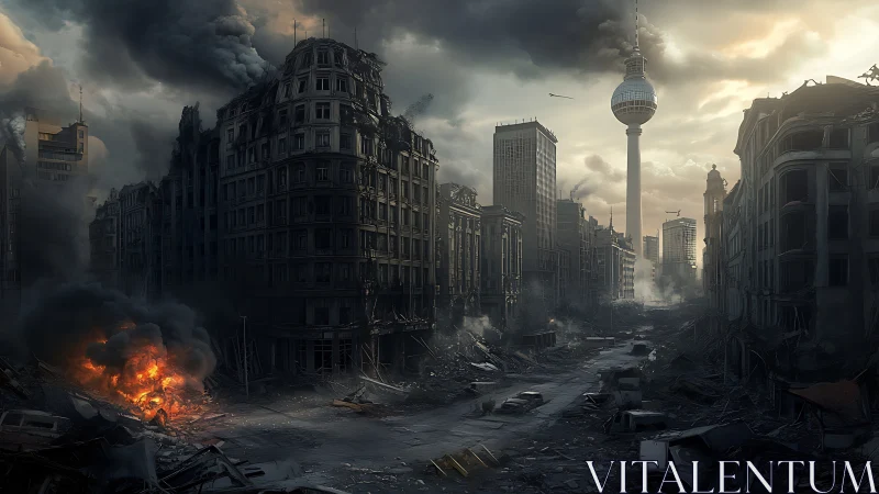 Post apocalyptic Berlin street in dense urban ruin.