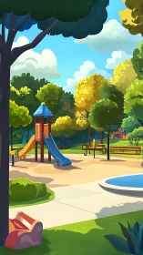 Sunlit neighborhood playground wrapped in bright greenery.