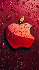 Glossy red apple logo glowing through fresh raindrops.
