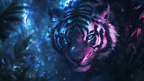 Neon-lit tiger portrait in bioluminescent jungle setting.