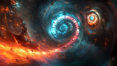 Twin cosmic vortices spiral through fiery nebula void