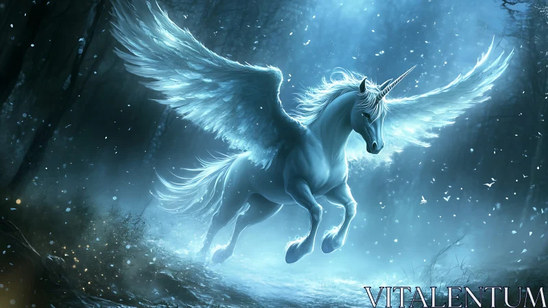 Moonlit winged unicorn shatters silence in a spectral forest