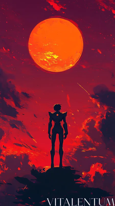 Lone space hero watching a blazing red cosmic moon.