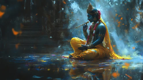 Divine blue figure playing flute in luminous abstract dusk.