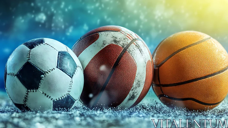 Close-up sports balls on frosty turf under dramatic backlight